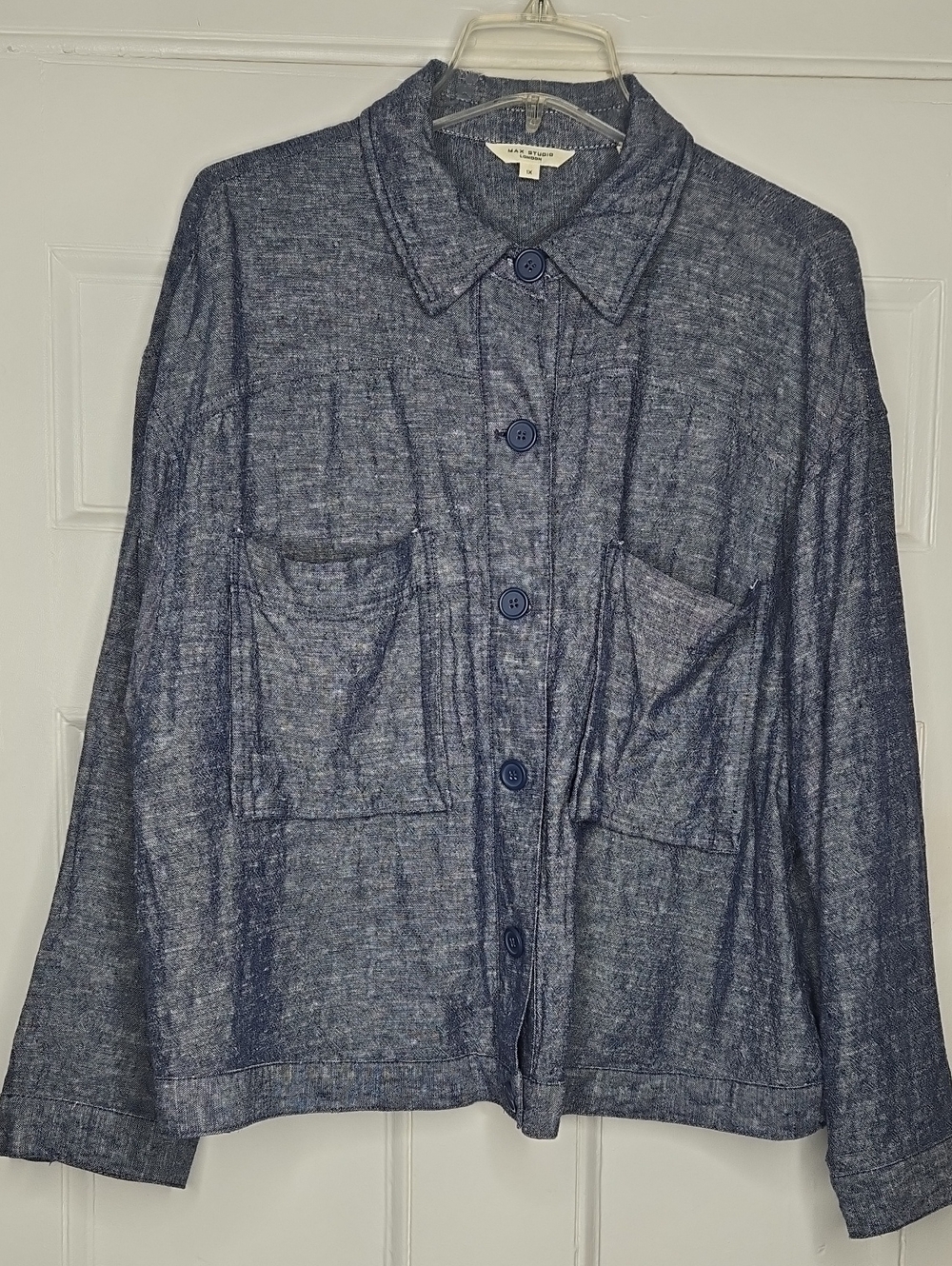 Max Studio Blue Button-Front Lightweight Linen-blend Jacket, Size 1X